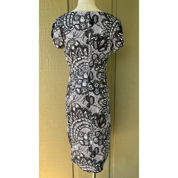 Calvin Klein Black White Dress Lace Print Small Belted Office Work Modest - Picture 5 of 11